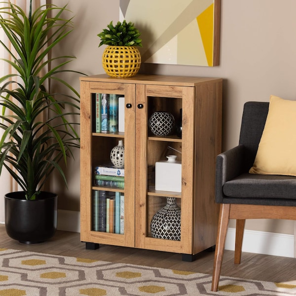 Baxton Studio Mason Modern and Contemporary Oak Brown Finished Wood 2-Door Storage Cabinet with Glass Doors 189-11976-ZORO - main